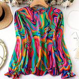 Plus Size Ruffle Charmeuse Blouse with Vibrant Prints - Casual & Comfortable Spring Wear for Fashion-Forward Women