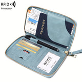 Solid Color RFID Portable Passport Holder, Multi Functional Airplane Ticket Clip, Travel Credit Card Wallet With Zipper And Wrist Strap