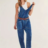 Plain Washed Loose Fit Adjustable Strap Patch Pocket Casual Hip Hop Denim Overall Dungarees, Women's Denim Jeans & Clothing