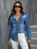 Refined Washed Blue Womens Denim Shirt - Fashionable Flap Pockets, Classic Button Up, Long Sleeves, Stylish Lapel - Premium Denim Top for Versatile Style