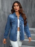 Refined Washed Blue Womens Denim Shirt - Fashionable Flap Pockets, Classic Button Up, Long Sleeves, Stylish Lapel - Premium Denim Top for Versatile Style