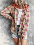 Plus Size Plaid Print Hooded Shirt, Casual Long Sleeve Button Front Shirt, Women's Plus Size Clothing