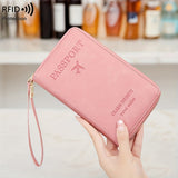 Solid Color RFID Portable Passport Holder, Multi Functional Airplane Ticket Clip, Travel Credit Card Wallet With Zipper And Wrist Strap