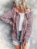 Plus Size Plaid Print Hooded Shirt, Casual Long Sleeve Button Front Shirt, Women's Plus Size Clothing