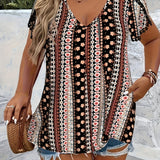 Plus Size Tribal Floral Print V Neck Short Sleeve Blouse - Soft Slight Stretch Polyester Fabric, Casual Middle East Style Shirting for Spring, Summer, and Fall - Womens Comfortable Woven Shirt for Everyday Wear