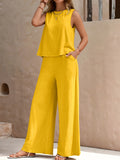 Two-Piece Elegant Outfit Set - Crew Neck Sleeveless Tank Top & Wide Leg Loose Pants - Polyester, Machine Washable, Solid Color, Woven, Spring/Summer Essential for Women