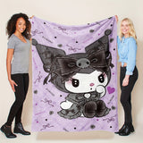 Sanrio Kuromi Cartoon Print Flannel Throw Blanket - Contemporary Style Digital Printing Knitted Polyester Soft Multipurpose All-Season Blanket for Living Room, Bedroom, Camping, Travel - 200-250g Lightweight Warmth