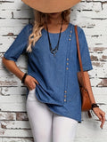 Plain Washed Blue Single-breasted Decor Short Sleeve Asymmetric Hem Elegant Denim Top, Women's Denim Jeans & Clothing