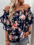 Plus Size Strapless Elegant Floral Print Off Shoulder Blouse - Woven Polyester Vacation Style with Ruffle Sleeve and Layered Design - Perfect for Spring and Summer Seasons