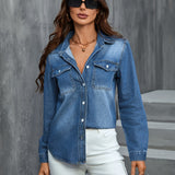 Refined Washed Blue Womens Denim Shirt - Fashionable Flap Pockets, Classic Button Up, Long Sleeves, Stylish Lapel - Premium Denim Top for Versatile Style