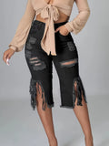 High-Stretch Womens Bermuda Denim Midi Shorts - Distressed Raw Fringe Hem, Ripped Split Details, Fashionable Summer Jeans Wear with Tassel Accents - Solid Color, No Printing, Casual Style, Woven Fabric