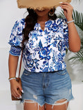 Plus Size Floral Print Blouse - Exquisite Elegant Notch Neck, Comfortable Short Sleeve Style, Perfect for Spring and Summer - Womens Plus Size Clothing for a Flattering Silhouette