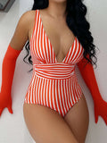 New One-piece Large V-neck Striped Backless Women's Sexy Swimsuit