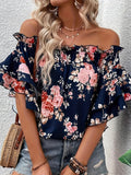 Plus Size Strapless Elegant Floral Print Off Shoulder Blouse - Woven Polyester Vacation Style with Ruffle Sleeve and Layered Design - Perfect for Spring and Summer Seasons