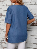 Plain Washed Blue Single-breasted Decor Short Sleeve Asymmetric Hem Elegant Denim Top, Women's Denim Jeans & Clothing