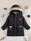 Stylish Boys' Warm Thick Hooded Jacket - Soft Fleece Lining, Zip-Up Closure, Patched Design, Water-Resistant, Windproof, and Breathable - Perfect for Winter Outdoor Activities, As a Thoughtful Gift