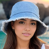 Vintage-Inspired Distressed Denim Bucket Hat for Women - Lightweight, Sun Protection Fisherman Cap with Frayed Edges