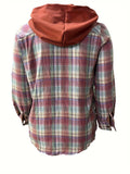 Plus Size Plaid Print Hooded Shirt, Casual Long Sleeve Button Front Shirt, Women's Plus Size Clothing