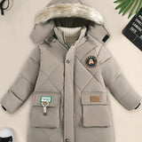 Stylish Boys' Warm Thick Hooded Jacket - Soft Fleece Lining, Zip-Up Closure, Patched Design, Water-Resistant, Windproof, and Breathable - Perfect for Winter Outdoor Activities, As a Thoughtful Gift