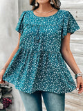 Plus Size Ditsy Floral Peplum Blouse - Elegant Crew Neck, Ruffle Short Sleeves, Pleated, Non-Stretch Polyester, Woven, Random Printing, Perfect for Spring & Summer - Womens Casual Wear