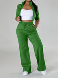 Spring Casual Chic: Durable Half-Sleeve Zip Crop Top & Drawstring Knit Pants - Women's Outfit