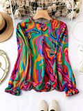 Plus Size Ruffle Charmeuse Blouse with Vibrant Prints - Casual & Comfortable Spring Wear for Fashion-Forward Women