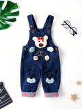 Toddler Boys' Cotton Denim Overalls, Casual Style, Cute Cartoon Bear Design, Adjustable Straps, Button-Down Front, Blue Jean Jumpsuit With Striped Cuffs