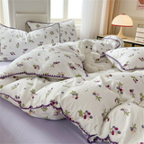 elvesmall Purple Ins Cherry Double-layer Shell Washed Bed Sheet Girl Four-piece Set High-looking Quilt Cover Bedding Set Three-piece Set