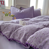 elvesmall Purple Ins Cherry Double-layer Shell Washed Bed Sheet Girl Four-piece Set High-looking Quilt Cover Bedding Set Three-piece Set