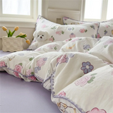elvesmall Purple Ins Cherry Double-layer Shell Washed Bed Sheet Girl Four-piece Set High-looking Quilt Cover Bedding Set Three-piece Set