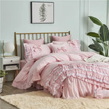 elvesmall  Free shipping cotton Korean princess ruffles lace cake layer pink embroidery bedding set twin full queen king size bed skirt YYX