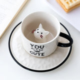 elvesmall  - Cute Cat Relief Ceramics Mug With Tray Coffee Milk Tea Handle Porcelain Cup Novelty Gifts