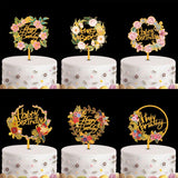 elvesmall Cake Card Insertion Spanish Flower Color Printing Golden Acrylic Birthday Party Cake Decoration