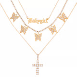 elvesmall  Trendy Butterfly Crystal Chain Necklace Choker for Women Multilayer Babygirl Letter Cross Pendant Necklaces Jewelry