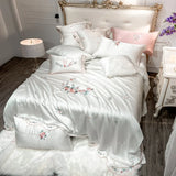 elvesmall Luxury White Pastoral Flower Embroidery Bamboo Fiber Smooth Bedding Set Queen King Duvet Cover Bed Sheet Pillowcases 4/5/7PCS