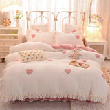 elvesmall  love embroidery winter fleece soft thick Bed Skirt Bedding Set Duvet Cover Bed Linen Pillowcase Fitted Sheet HomeTextile