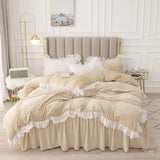 elvesmall Beige Crystal Velvet Bedding Set Winter Warm Bedspread Solid Color Thick Duvet Cover Bed Skirts Pillowcase Home Textile