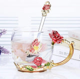 elvesmall  -  Red Rose Enamel Coffee cup Mug Crystal Glass Cups and mugs High-grade Tea Cup Drinkware Gift Couple Mug For Lover Tea Set