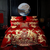 elvesmall New Red Luxury Gold Phoenix Loong Embroidery Chinese Wedding 100% Cotton Bedding Set Duvet Cover Bed sheet Bedspread Pillowcases