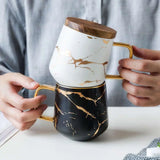 elvesmall  - 400ml Marble with Gold Inlay Ceramic Coffee Mugs with Wood Lid Matte Finish Black and White Office Drinking Milk Mugs Cups Gifts