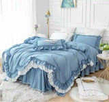elvesmall  Bedding Set Luxury Ruffle Lace Duvet Cover Bed Skirt Pillowcase Green Egyptian Cotton Princess Bedspread Bed Set Queen King Size