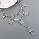 elvesmall  Trendy Butterfly Crystal Chain Necklace Choker for Women Multilayer Babygirl Letter Cross Pendant Necklaces Jewelry