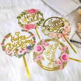 elvesmall Cake Card Insertion Spanish Flower Color Printing Golden Acrylic Birthday Party Cake Decoration