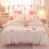 elvesmall  love embroidery winter fleece soft thick Bed Skirt Bedding Set Duvet Cover Bed Linen Pillowcase Fitted Sheet HomeTextile