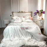 elvesmall Luxury White Pastoral Flower Embroidery Bamboo Fiber Smooth Bedding Set Queen King Duvet Cover Bed Sheet Pillowcases 4/5/7PCS