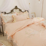 elvesmall Butterfly Embroidery Bedding Set Luxury Lace Ruffle Princess Duvet Cover Bedspread Bed Skirt Pillowcases Cotton Home Textile