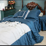 elvesmall Luxury Bedding Sets Queen King Size Solid White and Blue Ruffle Princess Duvet Cover Bedsheet Set Lace Girls Home Europe Bedding