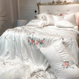 elvesmall Luxury White Pastoral Flower Embroidery Bamboo Fiber Smooth Bedding Set Queen King Duvet Cover Bed Sheet Pillowcases 4/5/7PCS