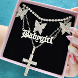 elvesmall  Trendy Butterfly Crystal Chain Necklace Choker for Women Multilayer Babygirl Letter Cross Pendant Necklaces Jewelry