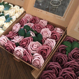 elvesmall 25pcs/box Artificial Flowers Blush Roses Realistic Fake Roses w/Stem for DIY Wedding Party Bouquets Baby Shower Home Decorations